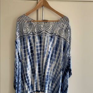 NY & Co Blue and White Crochet and Tie Dye Blouse